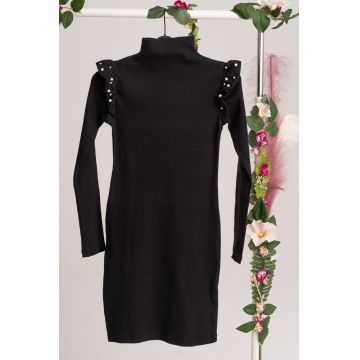 Rochie dama neagra cu maneca lunga si volane cu perle mm M (38)