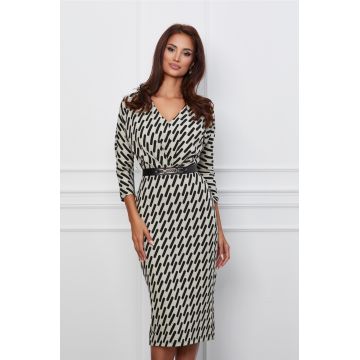 Rochie Dora ivory cu imprimeuri negre si curea in talie