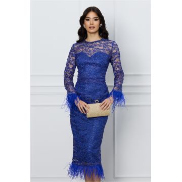Rochie Dy Fashion albastra din dantela cu pene