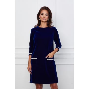 Rochie Dy Fashion albastru indigo din catifea cu dantela la maneci si buzunare