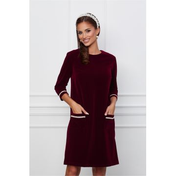 Rochie Dy Fashion bordo din catifea cu dantela la maneci si buzunare