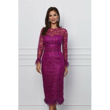 Rochie Dy Fashion magenta din dantela cu pene