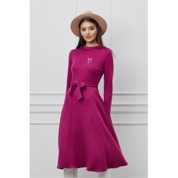 Rochie Dy Fashion magenta din tricot cu aplicatie detasabila la bust