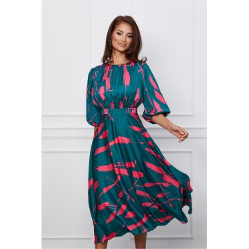 Rochie Dy Fashion verde din satin cu imprimeu fucsia si pliuri la bust