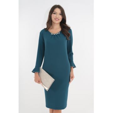 Rochie eleganta turcoaz cu perle la decolteu