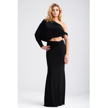 Rochie lunga, neagra cu decupaj lateral si nod in talie XS (34)