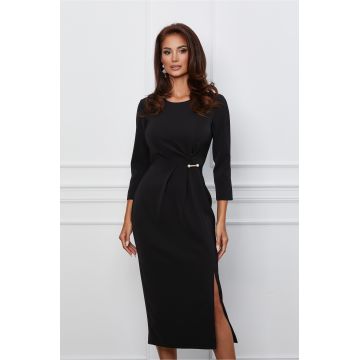 Rochie Maria neagra cu pliuri si perle in talie