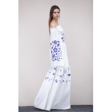 Rochie maxi de bumbac cu decolteu pe umeri si detalii florale