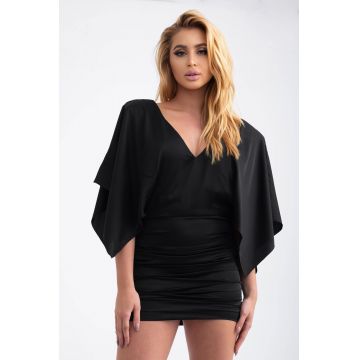 Rochie mini neagra drapata cu decolteu amplu si maneci vaporoase S (36)