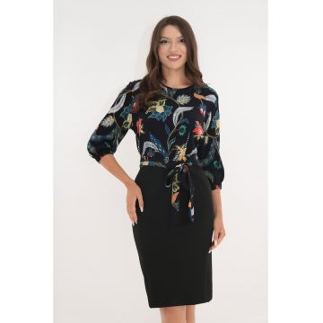 Rochie office neagra cu imprimeu floral multicolor