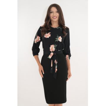 Rochie office neagra cu imprimeu floral roz