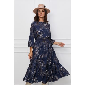 Rochie Dy Fashion bleumarin cu imprimeuri bej si curea in talie