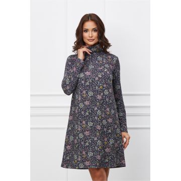 Rochie Dy Fashion bleumarin din jerse cu imprimeu si buzunar pe bust