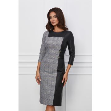Rochie Dy Fashion neagra cu carouri gri si piele ecologica