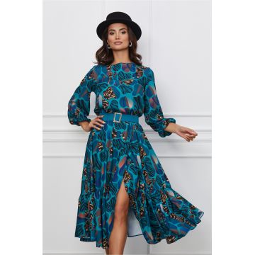 Rochie Dy Fashion turcoaz cu imprimeuri bej si curea in talie