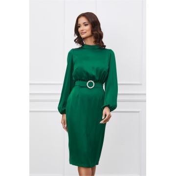 Rochie Dy Fashion verde din satin cu o curea in talie