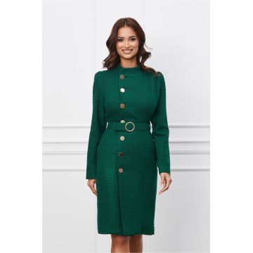 Rochie Dy Fashion verde din tweed cu nasturi si curea