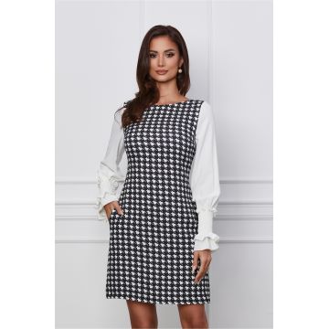 Rochie MBG neagra cu imprimeu pepit si maneci din voal