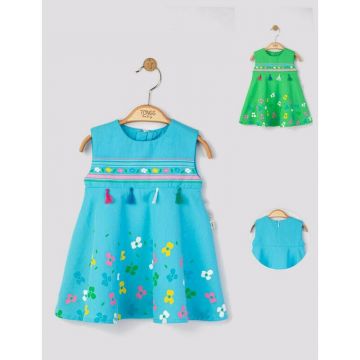 Tongs baby - Rochita de vara pentru fetite Ciucurasi, (Culoare: Albastru, Marime: 9-12 luni)