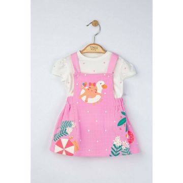 Tongs baby - Set rochita din muselina cu tricou cu bulinute pentru fetite, (Culoare: Roz, Marime: 9-12 luni)