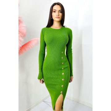 Rochie bodycon KLarisa, tetra, cu crapatura si nasturi decorativi, Olive