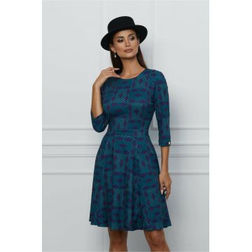 Rochie Dy Fashion clos turcoaz cu imprimeuri albastre