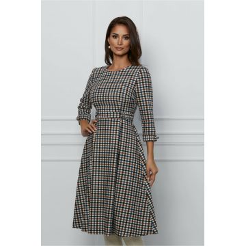Rochie Dy Fashion ivory cu carouri albastre si nasturi in talie