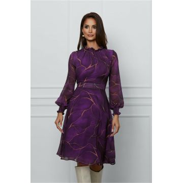 Rochie Dy Fashion mov din voal cu imprimeuri maro