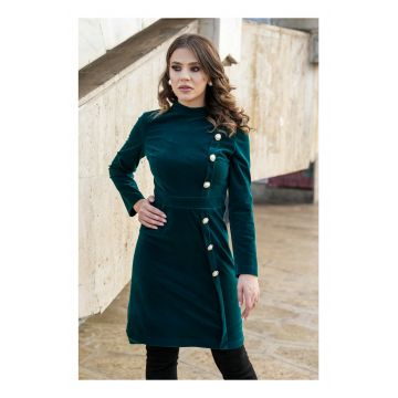 Rochie Dy Fashion turcoaz din catifea cu nasturi pe lateral
