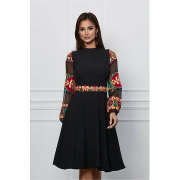 Rochie Moze neagra cu maneci din organza cu broderie orange Rochie Moze neagra cu maneci din organza cu broderie orange
