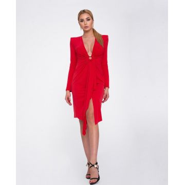 Rochie rosie cu drapaje si inel auriu pentru dama M (38)