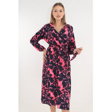 Rochie bleumarin cu print floral roz si decolteu parte peste parte