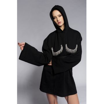 Rochie cu gluga si aplicatii cu strasuri - Negru