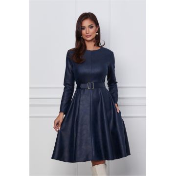 Rochie Dy Fashion bleumarin din piele intoarsa ecologica cu o curea in talie