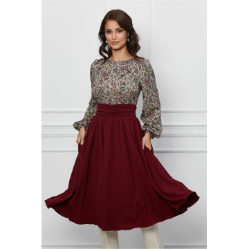 Rochie Dy Fashion bordo cu imprimeuri la bust