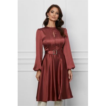 Rochie Dy Fashion caramizie cu pliuri pe bust si curea in talie