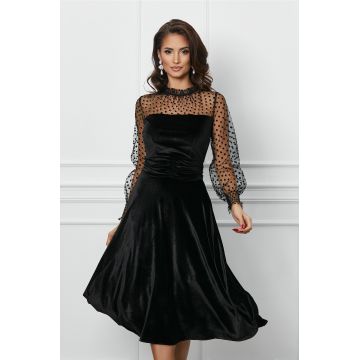 Rochie Dy Fashion clos neagra din catifea cu maneci din tull cu buline