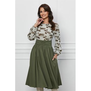 Rochie Dy Fashion kaki cu imprimeuri la bust