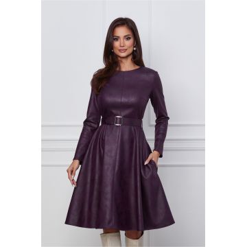Rochie Dy Fashion mov pruna din piele intoarsa ecologica cu o curea in talie