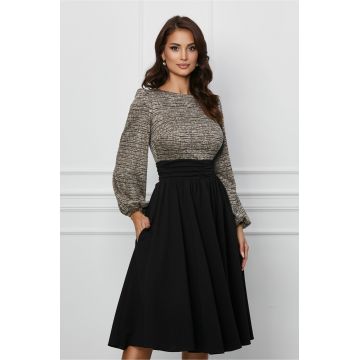 Rochie Dy Fashion neagra cu imprimeuri maro la bust
