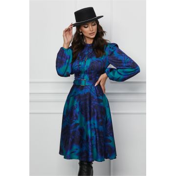 Rochie Dy Fashion turcoaz cu imprimeu floral albastru si curea in talie