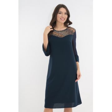 Rochie eleganta bleumarin cu dantela multicolora