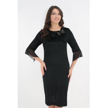 Rochie eleganta din catifea neagra cu fundita aurie la decolteu