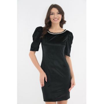 Rochie eleganta din catifea neagra cu margelute si funda satinata ivory