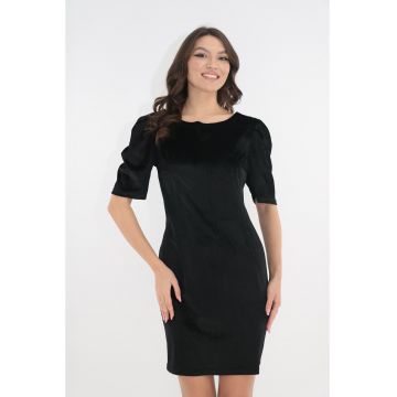 Rochie eleganta din catifea neagra cu paiete si funda satinata magenta