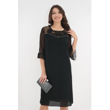 Rochie eleganta neagra cu insertii din organza si margelute argintii