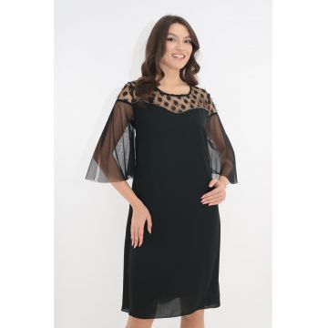 Rochie eleganta neagra cu insertii din tulle cu buline si franjuri