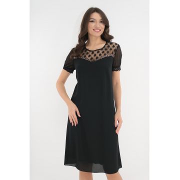 Rochie eleganta neagra cu maneci plisate si paiete la decolteu