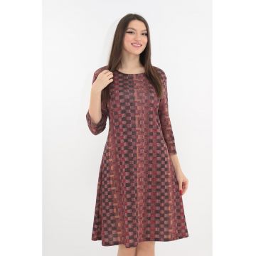 Rochie evazata caramizie cu patratele multicolore