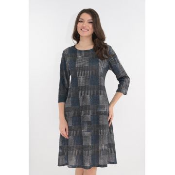 Rochie evazata cu patrate gri si bleumarin